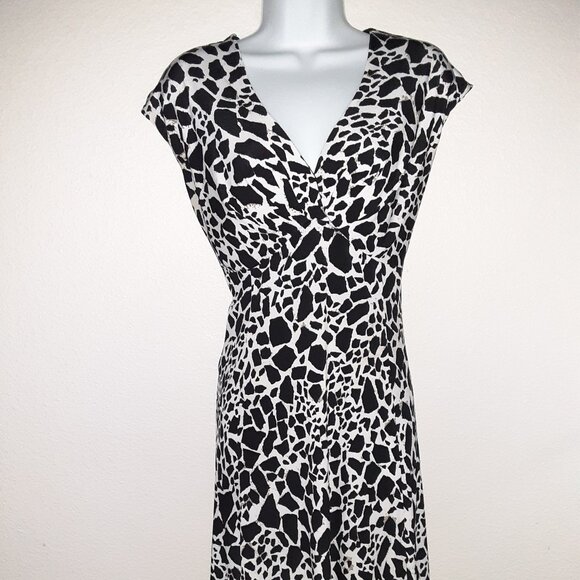 Black & White Midi Dress Sz 12, Evan Picone, Surplus Wrap, Stretch, Fit & Flare - Picture 1 of 5